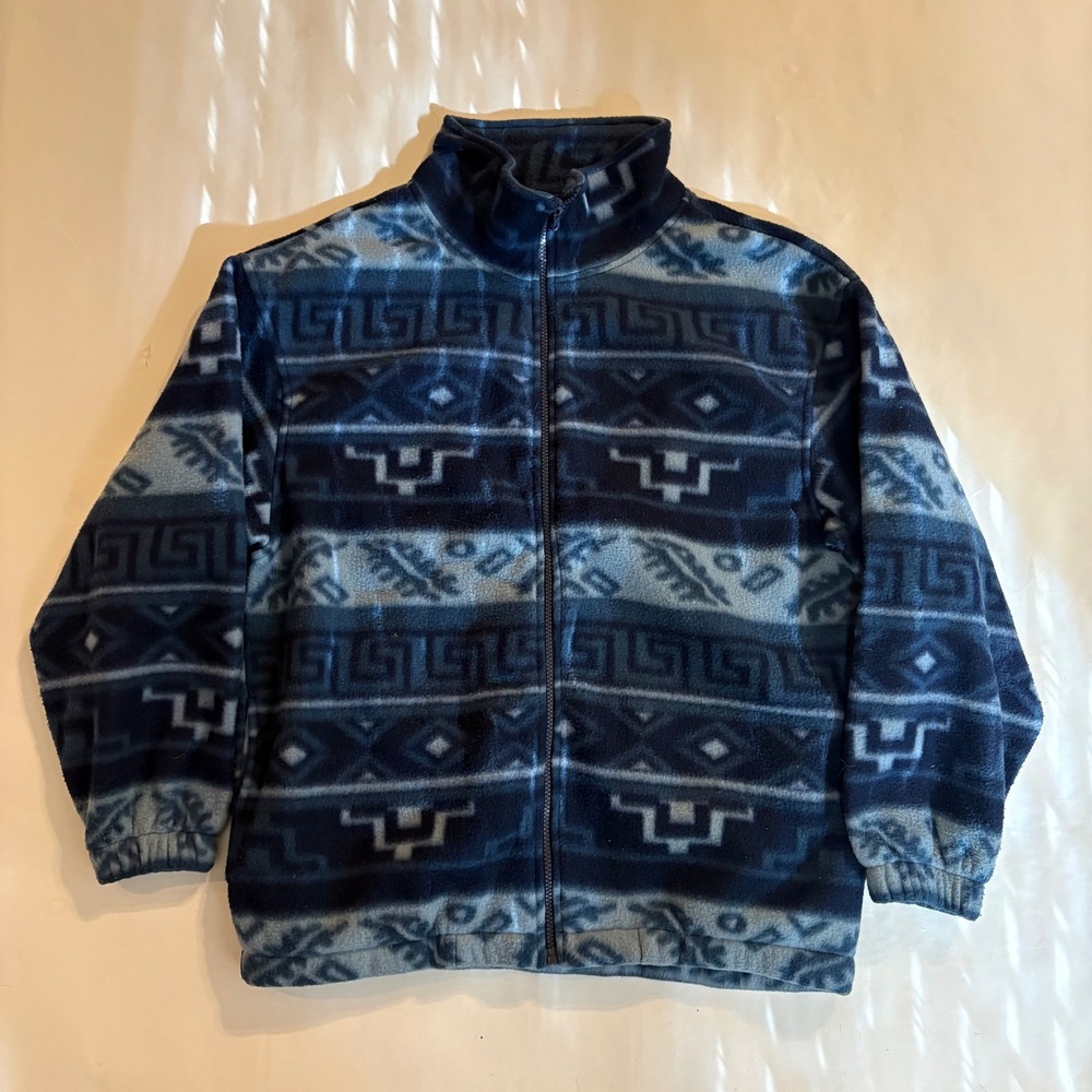 Haband Mens Medium Blue Aztec Geometric Full Zip Fleece Jacket Mock Neck 371
